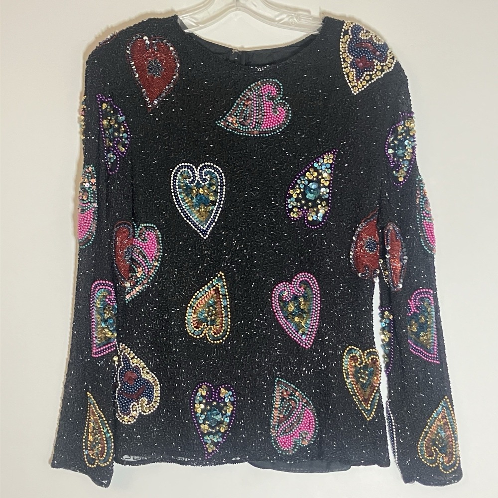 Vintage Royal Feelings Top Womens Small Multicolor Beaded Silk Heart Valentine S